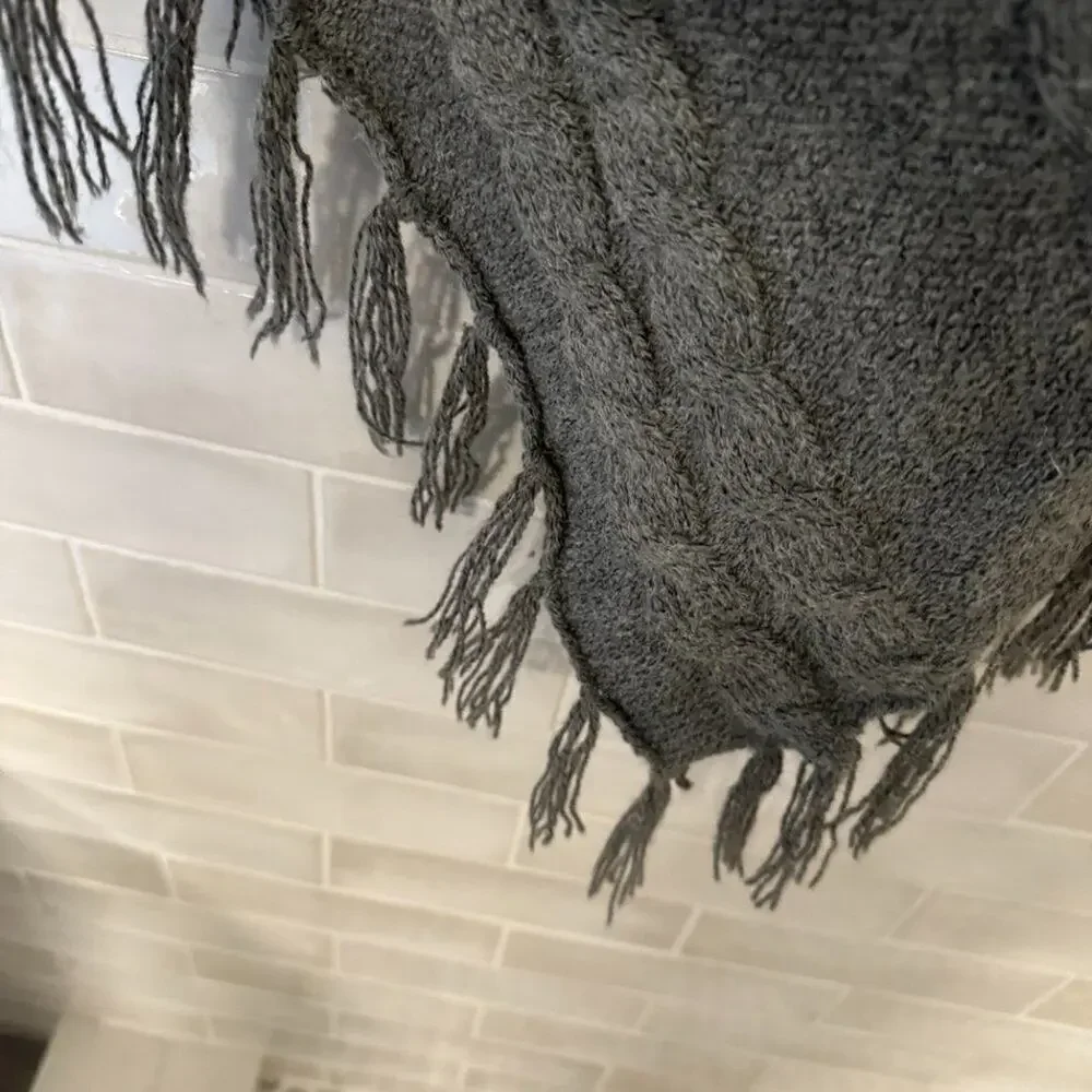 Gray Sweater Poncho With Cowl Neck & Fringe - Picture 5 of 7